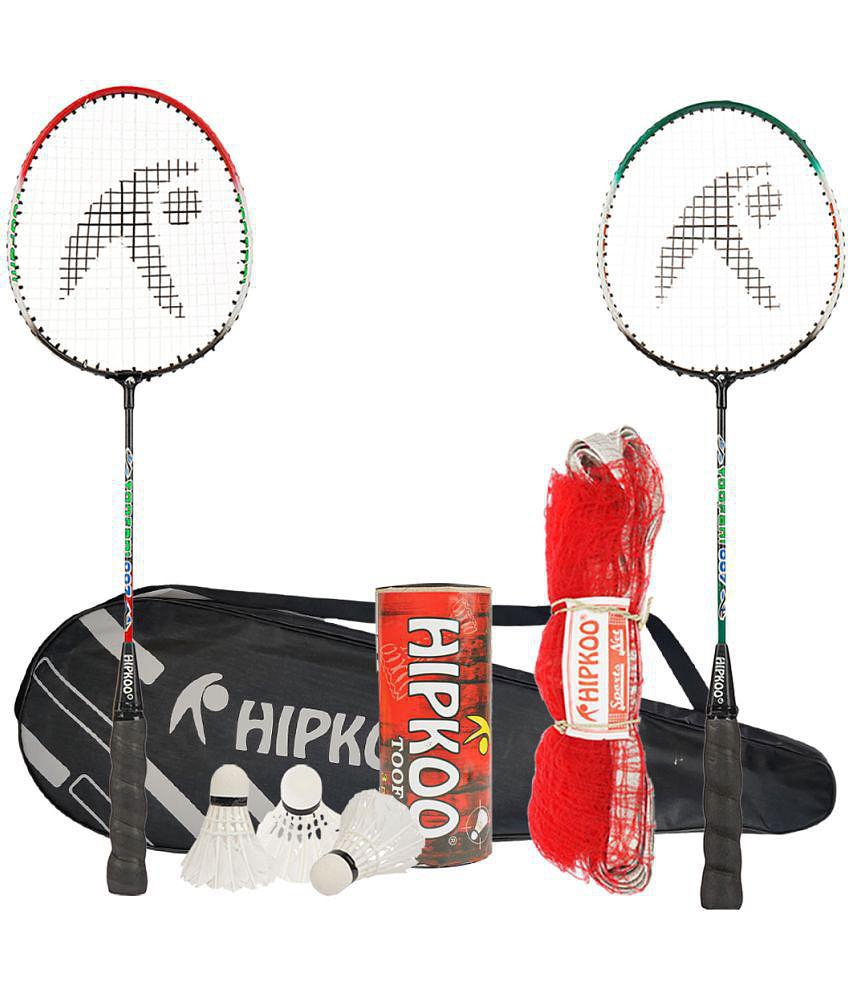 Hipkoo Sports Toofani Heavy Duty Aluminum Badminton Complete Racquets Set | 2 Wide Body Racket, 3 Shuttlecocks and Net | Ideal for Beginner | Flexible, Lightweight & Sturdy (Red & Green, Set