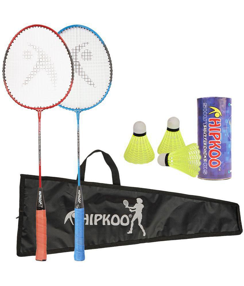 Hipkoo Sports High Demand Aluminum Badminton Complete Racquets Set | 2 Wide Body Racket with Cover and 3 Shuttlecocks | Ideal for Beginner | Flexible, Lightweight & Sturdy (Red & Blue, Set o