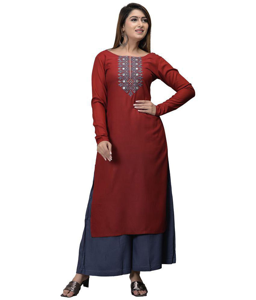 Maquien - Maroon Rayon Women's Straight Kurti - None