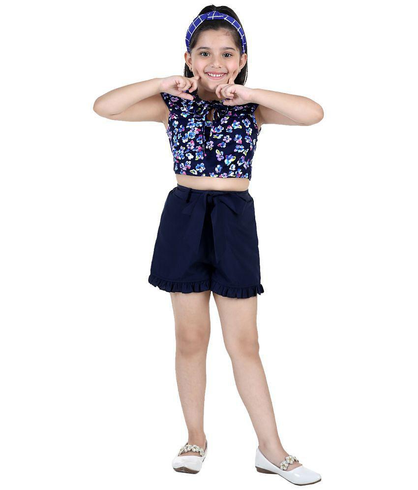 Naughty Ninos Girls Navy Blue Floral Printed Top with Short - None