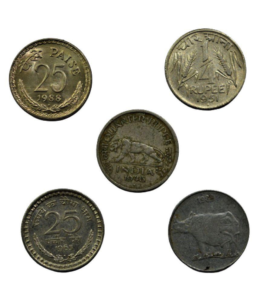 Sansuka - Republic INDIA - 5 different 25 paisa , char Anna, pav rupee 5 Numismatic Coins