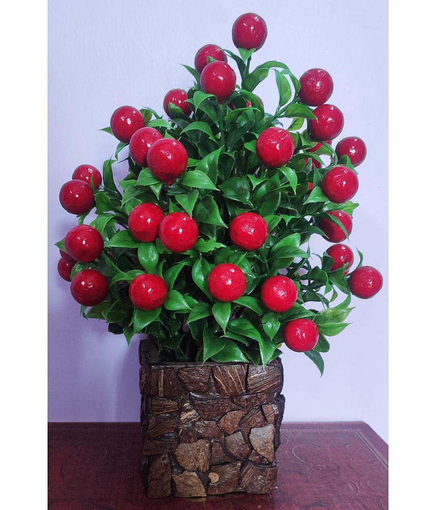 BAARIG - Red Cherry Blossom Artificial Flowers With Pot ( Pack of 1 )