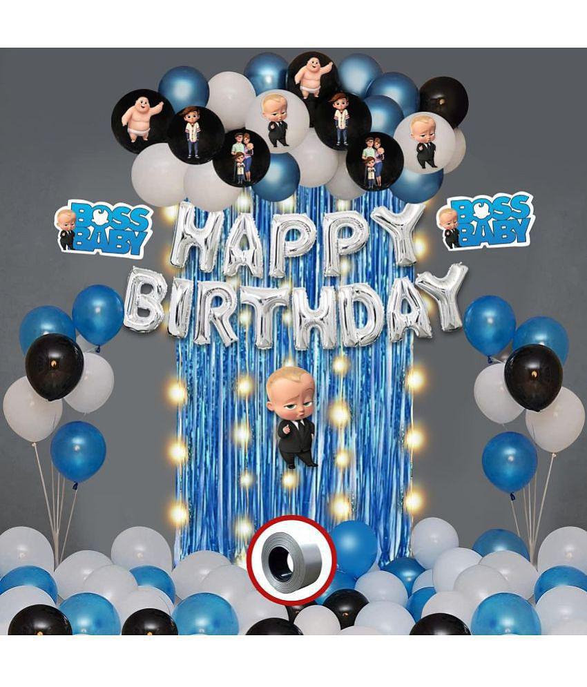 Party Propz Boss Baby Theme Decorations Combo Set With Fairy Led Light -53Pcs Birthday Foil Balloon; Blue White BlackMetallic Balloons; Boss Baby Character; Foil Curtain Set for Boys Bday De