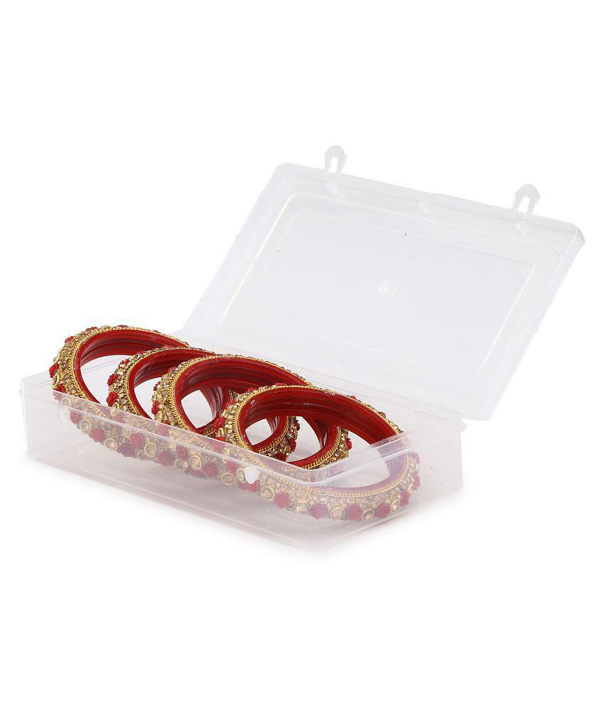 Best Men Party Glass Bangle Set Ornamented With Beads For Spaical Look (Pack Of 4 Red Shining & 