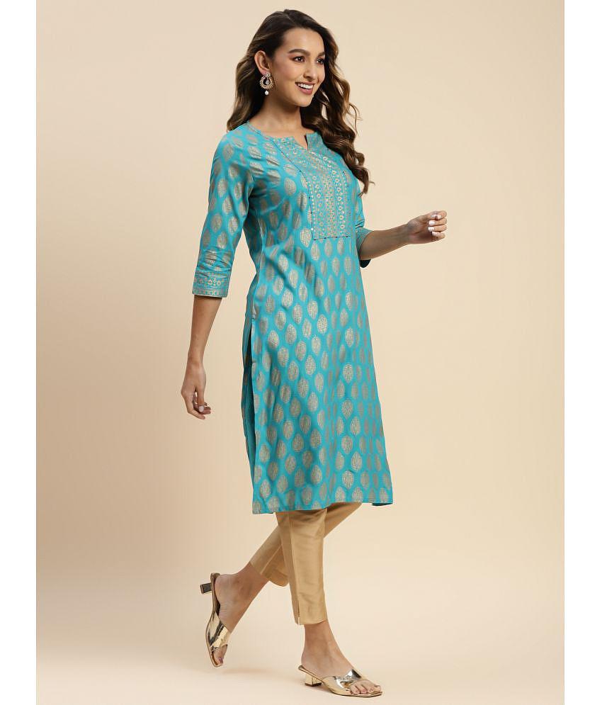 Rangita Women Rayon Turquoise Gold Printed Knee Length Straight Kurti - XXL, Turquoise