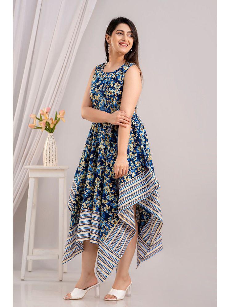 Latest Men Frionkandy Cotton Printed Ankle Length Womens Asymmetric Dress - Blue ( Pack of 1 ) -