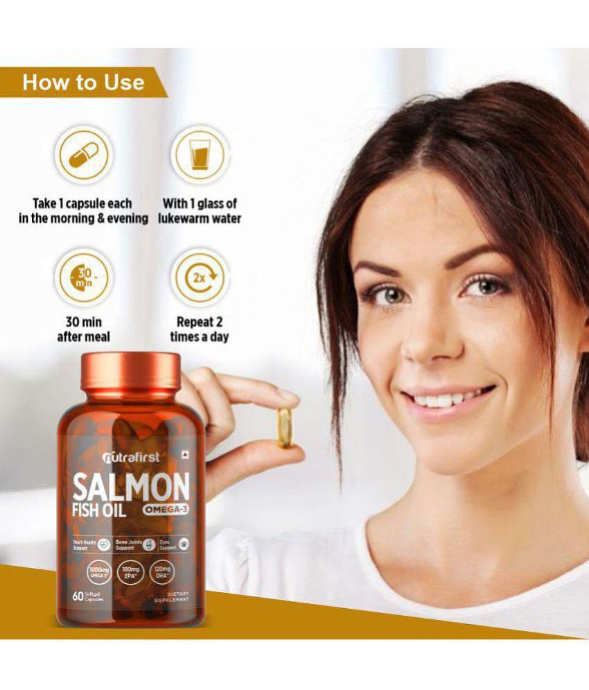 NutraFirst Salmon Fish Oil Softgel Capsule, for Healthy Heart,Brain& Eyes,enriched with Fish Oil 1000mg, EPA 180 mg & DHA 120 mg (1X60 Softgel Capsules)