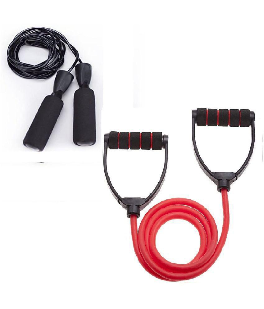 HORSE FIT Pack of 2 Combo |Premium Single Band Resistance Toning Tube and Foam Handle Jumping Skipping Rope for Fat Loos | Body Stretching and Gym Workout and Fitness Exercise Equipment Kit-