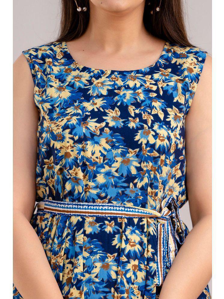 Latest Men Frionkandy Cotton Printed Ankle Length Womens Asymmetric Dress - Blue ( Pack of 1 ) -