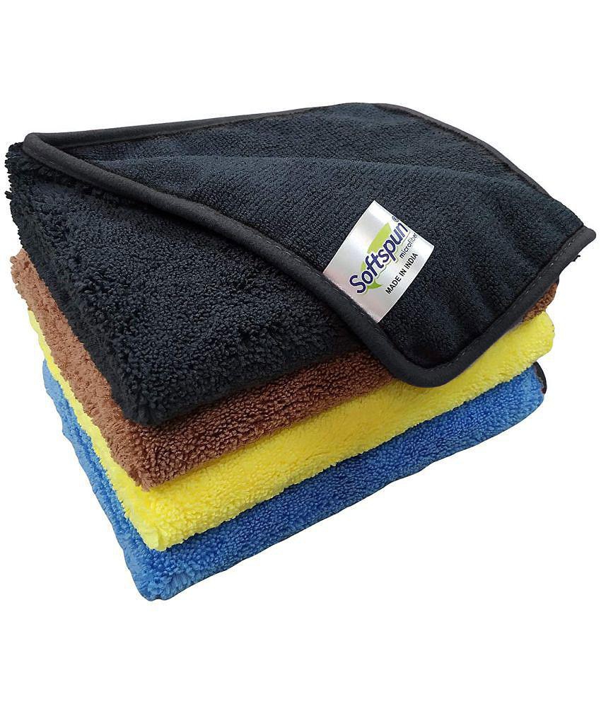 SOFTSPUN Microfiber High, Loop Silk Banded Edges, Car Cleaning Cloths, 40x40cms 4pcs (Multi-color) Towel Set 380 GSM Highly Absorbent, Multi-Purpose Cleaning Cloth