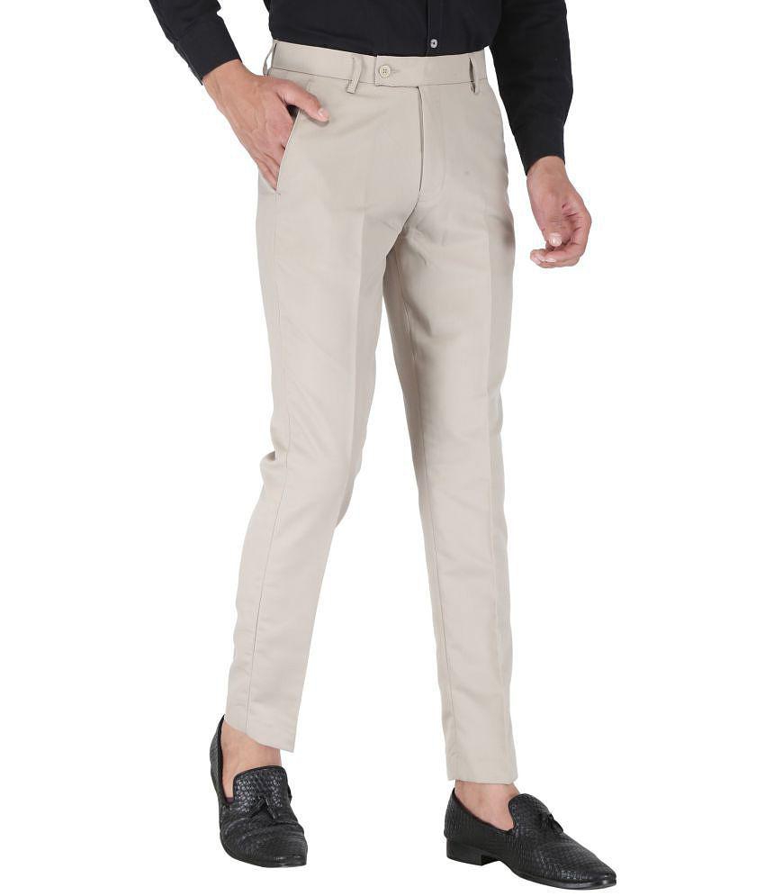 Playerz Poly Blend Slim -Fit Solid Beige Men's Trousers Single Pack - None