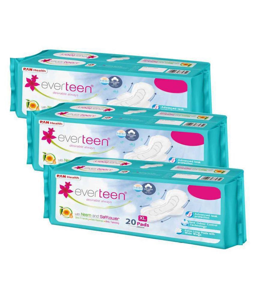 everteen XL Sanitary Napkin Pads with Neem and Safflower, Cottony-Dry Top Layer for Women - 3 Packs (20 Pads, 280mm Each)