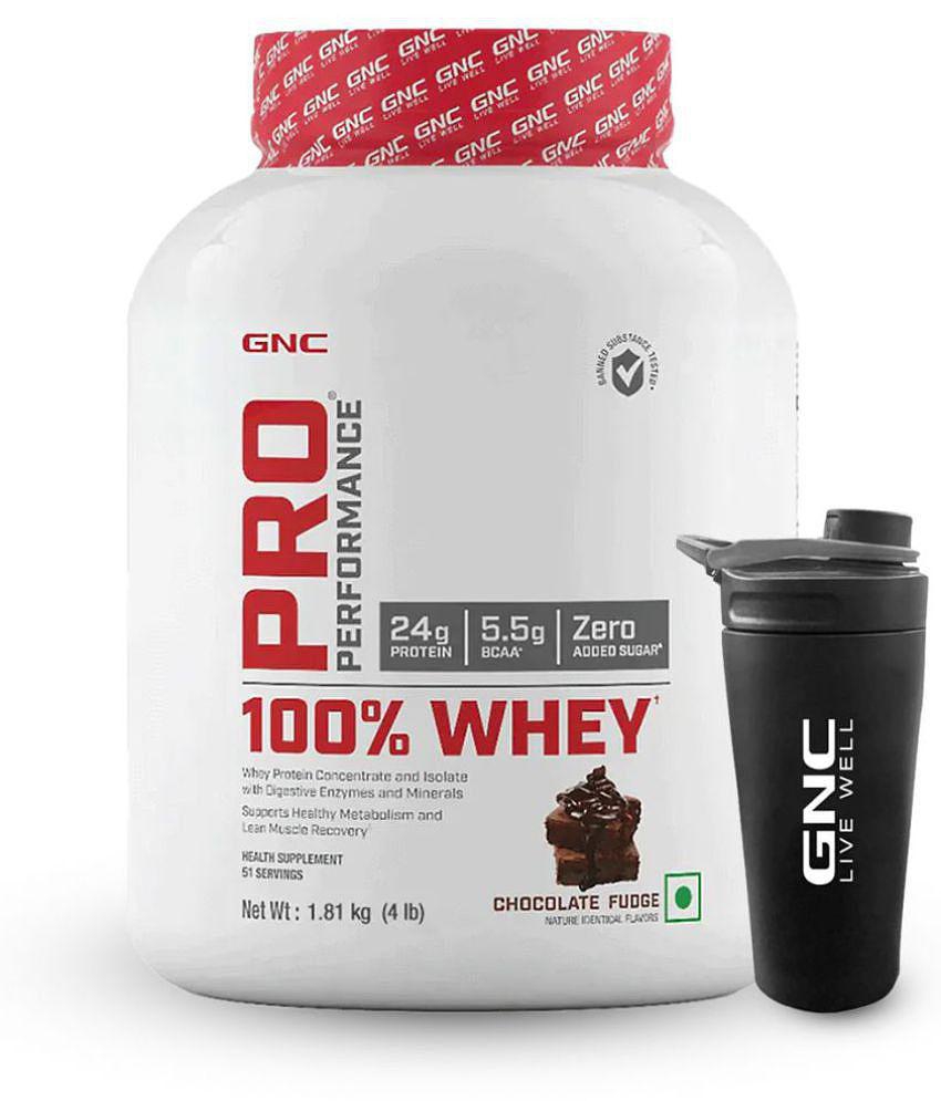 GNC Pro Performance 100% Whey Protein Powder- Chocolate Fudge, 4 lbs & Steel Shaker (Combo)