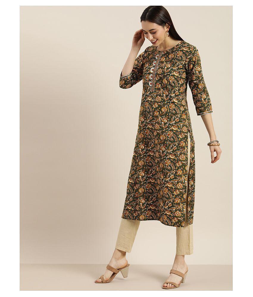 KSUT Green Cotton Straight Kurti - Single - XXL