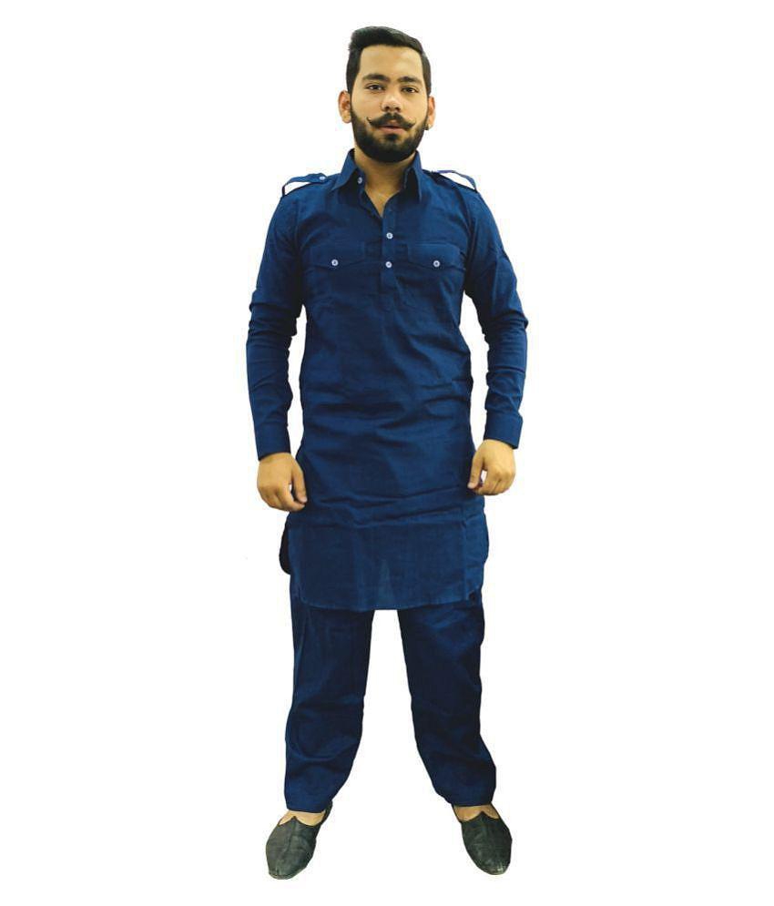 Preen Blue Cotton Pathani Suit Single Pack - None