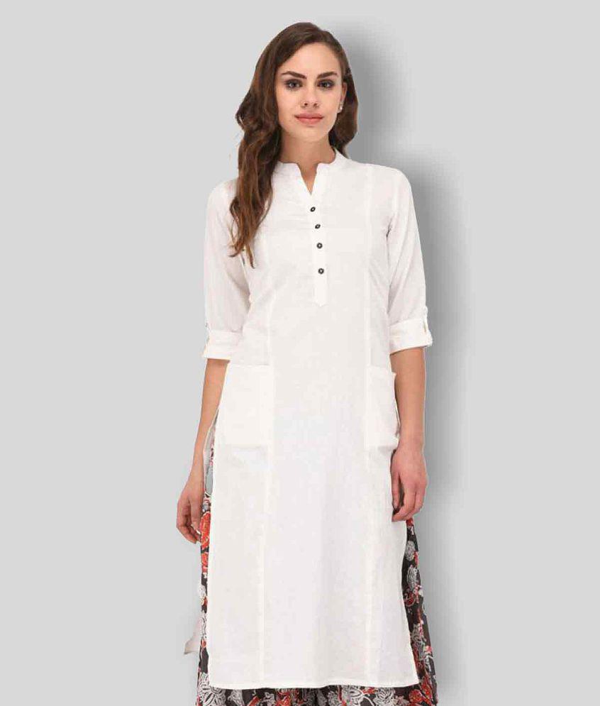 Pistaa - White Cotton Women's Straight Kurti ( Pack of 1 ) - M, Green