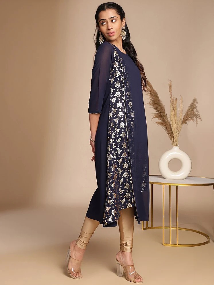 Buy Online Plo Janasya Crepe Printed A-line Womens Kurti - Navy Blue ( Pack of 1 ) - None