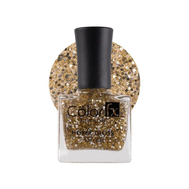 Color Fx New York Hyper-Gloss Top Coat Nail Polish, Transparent Gel Like Finish, Gold Glitter Finish, 21 Toxins Free, Long Lasting, Clear Nail Paint Women 9Ml,174