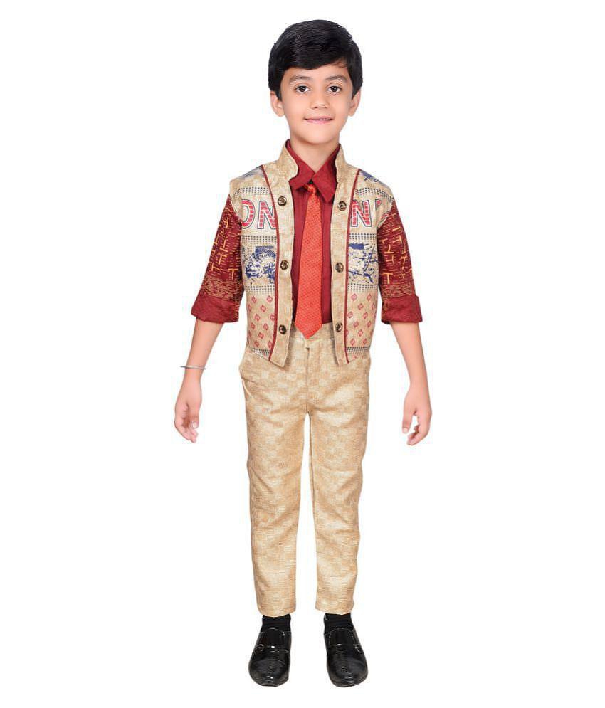 Ahhaaaa Kids Ethnic Boys Tie, Waistcoat, Shirt and Trouser Set - None