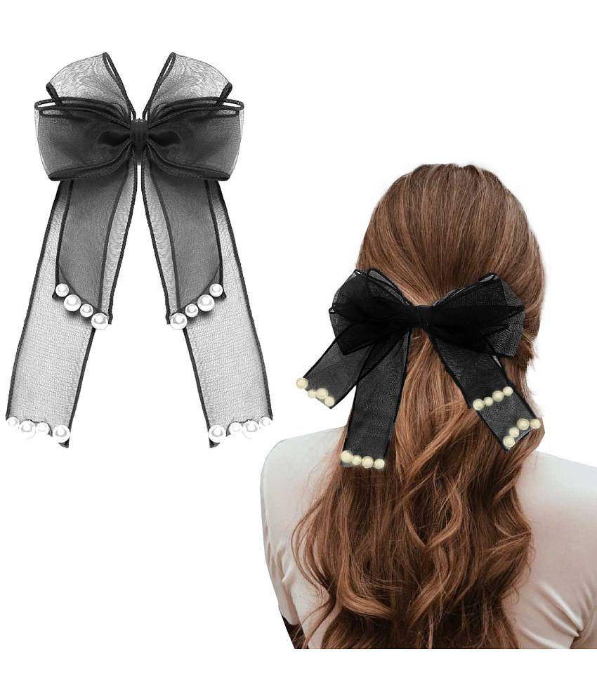 LYKAA Stylish Hair Ribbon Pearl Bow French Style Barrettes Hair Clips, For Girls, Women, Kids, Black - Black