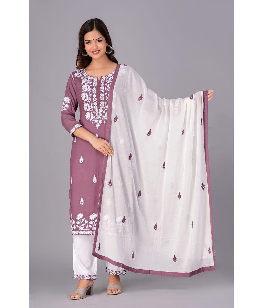 Doriya Cotton Blend Embroidered Kurti With Pants Women's Stitched Salwar Suit - Purple ( Pack of 1 ) - None