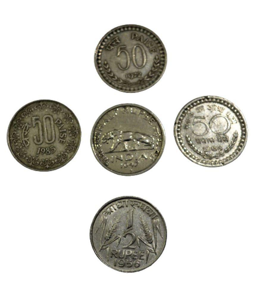 Republic INDIA - 5 different 50 paisa , half rupee, tiger half rupee - pachas paisa collection set - (5 coins)