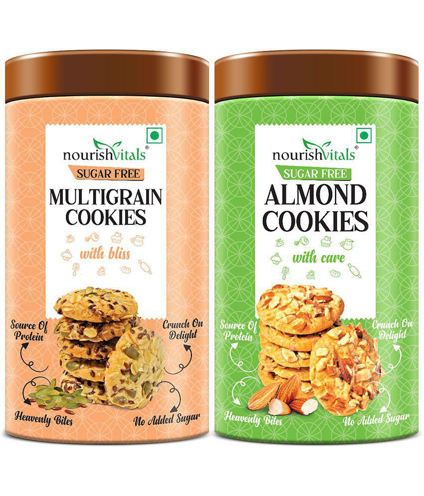 NourishVitals Multigrain Sugar Free Cookies + Almond Sugar Free Cookies, Heavenly Bites, Source of Protein, Crunchy Delights, Genius Snack, No Added Sugar, 120g Each