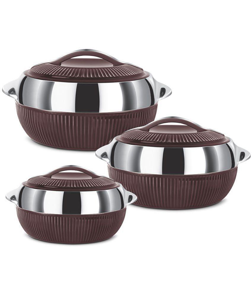 Milton Fiesta Insulated Casserole (Brown, Set of 3), Stainless Steel, Striped - Brown Silver