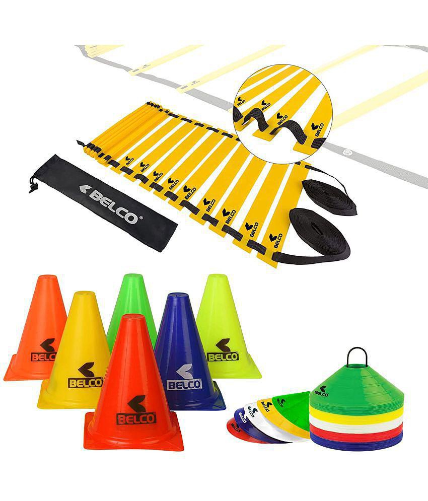 BELCO SPORTS 6 Inch Cones Pack 10,20 Space Markers and 4 Meter Ladder with Pushup Stand Agility Combos