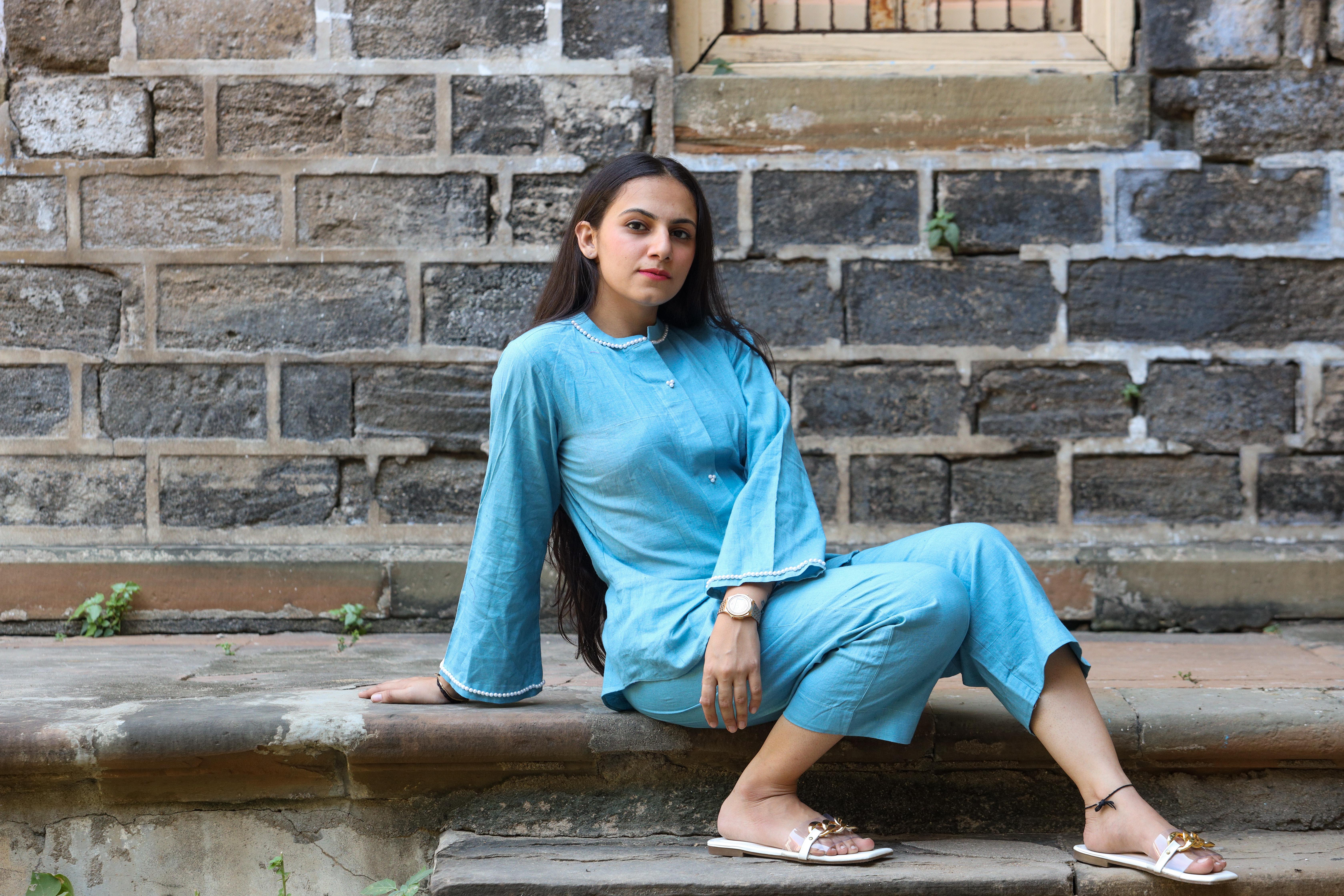 Diti Khadi Blue Top with Pant - m