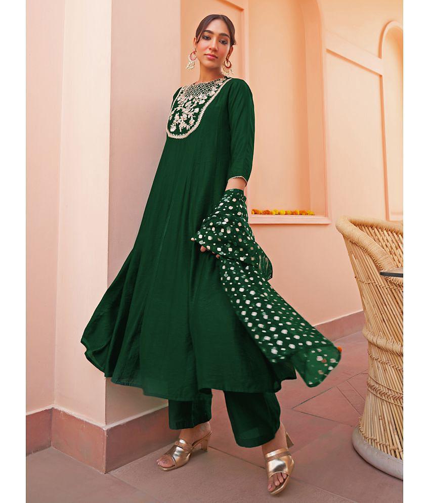 Janasya Chanderi Embellished Kurti With Palazzo Women''s Stitched Salwar Suit - Green ( Pack of 3 ) - None