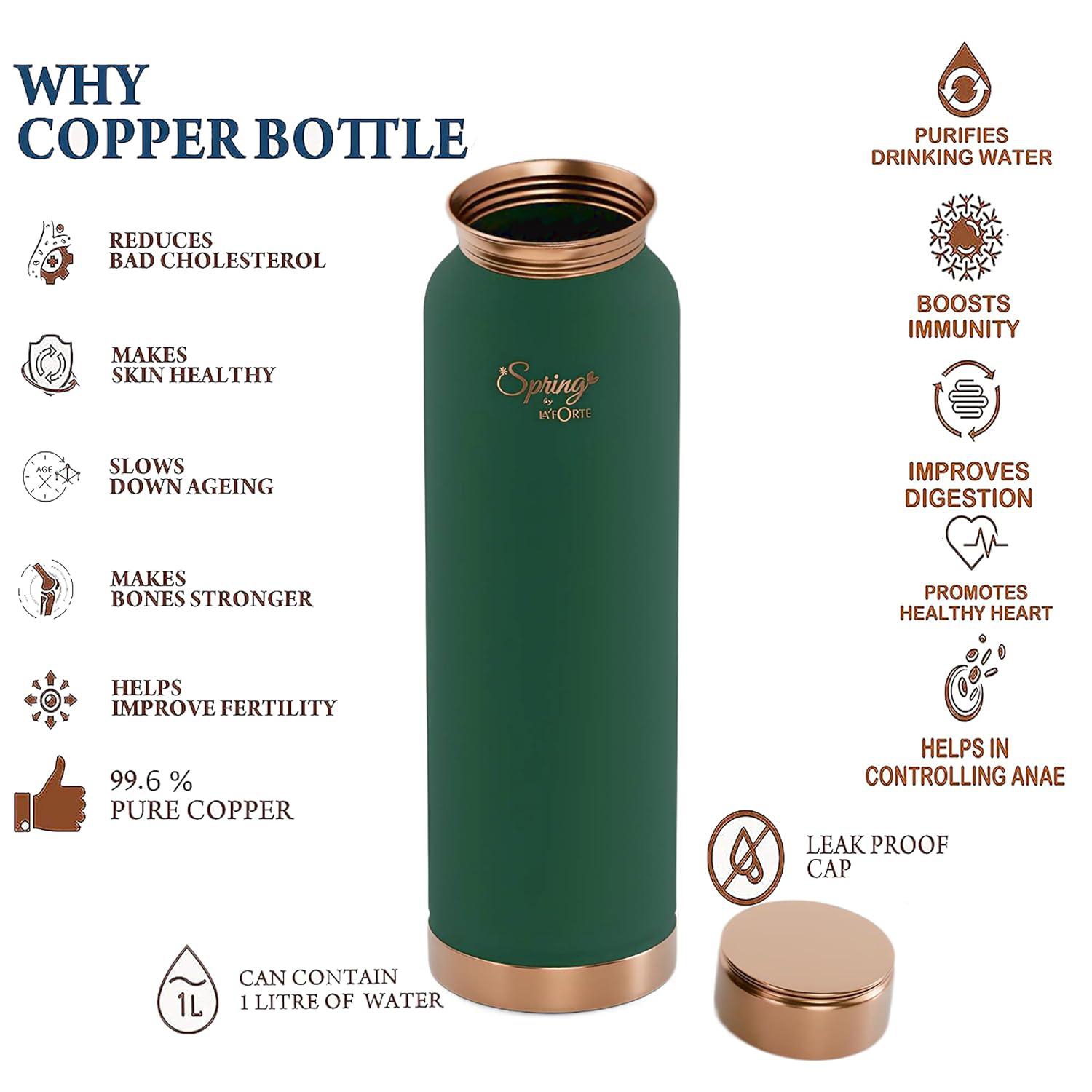 LA'FORTE Pure Copper Water Bottle with Leak Proof Lid (1000 Ml) Sea Green