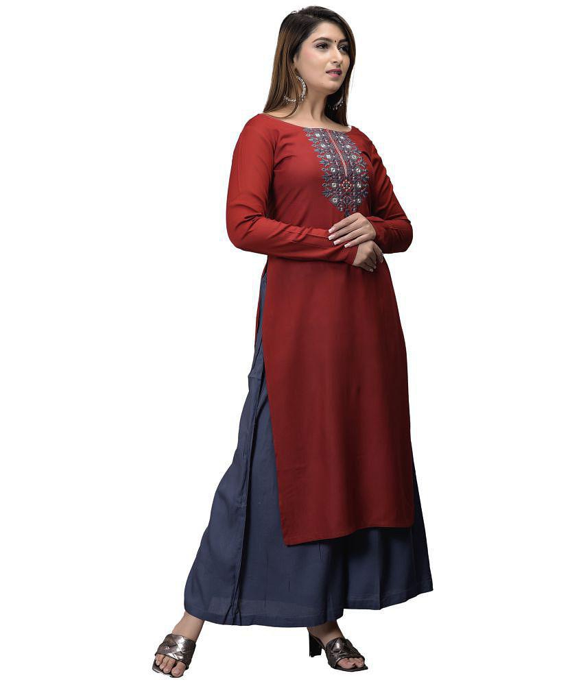 Maquien - Maroon Rayon Women's Straight Kurti - None