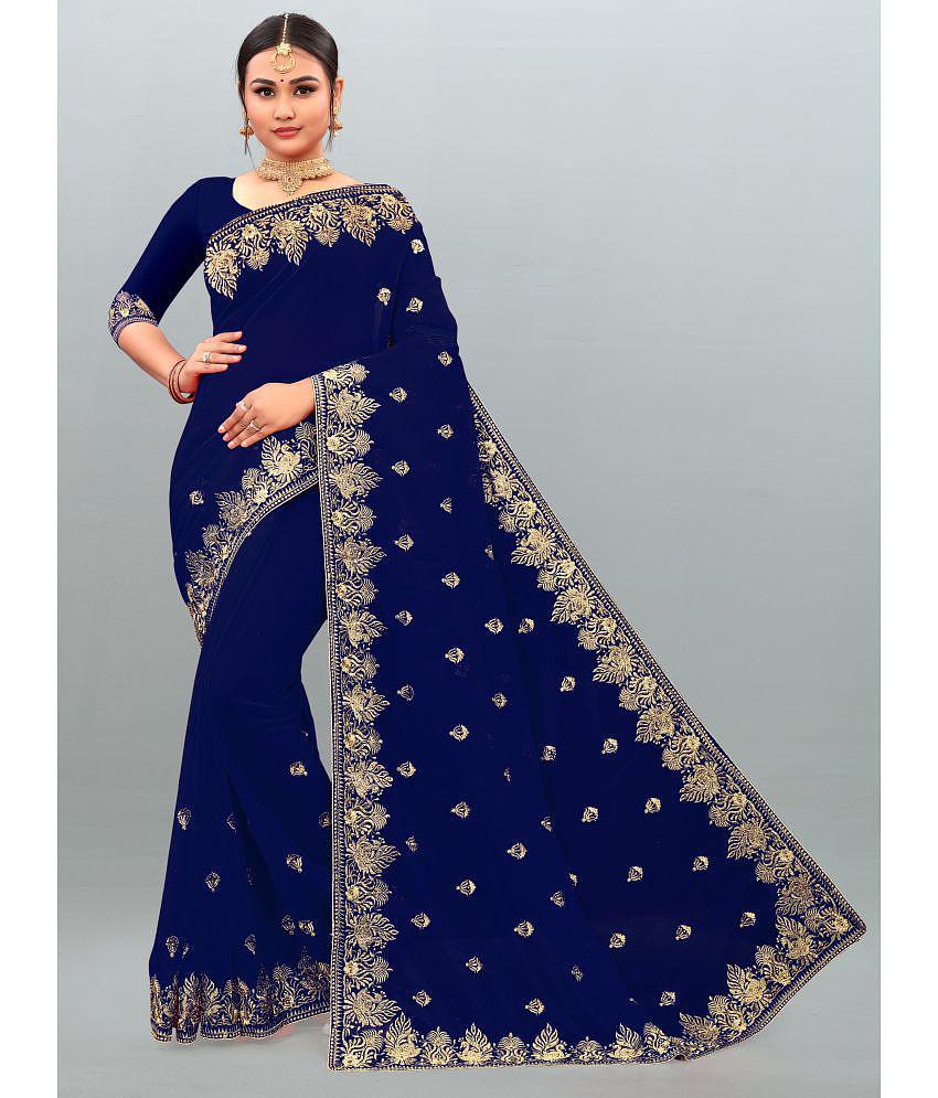 Om Shantam Sarees - Navy Blue Georgette Saree With Blouse Piece ( Pack of 1 ) - Navy Blue