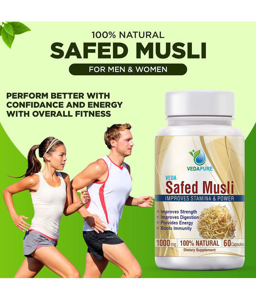 VEDAPURE Organic Safed Musli Capsule Helps in Bones & Joints Boosts Energy, Immunity & Stamina 1000mg 60 Capsules (Pack of 1)