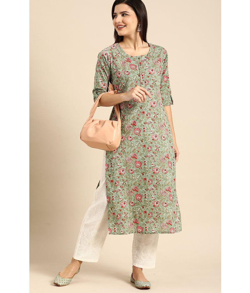 Rajnandini - Green 100% Cotton Women's Straight Kurti ( Pack of 1 ) - None