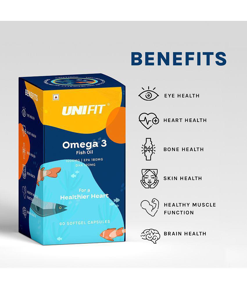 Unifit Omega 3 Fish Oil 1000mg Capsules, Omega3 Fish Oil For Men and Women, 180mg EPA & 120mg DHA For Healthy Heart (60 Capsules)