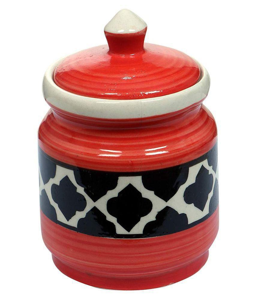 RAJ ROYAL Mughal Art Ceramic Pottery Hand Painted Cornichon Crockery Pulses Dry Fruit Pickle Storage Jar for Kitchen (Blue_1.25 Kg) - Red