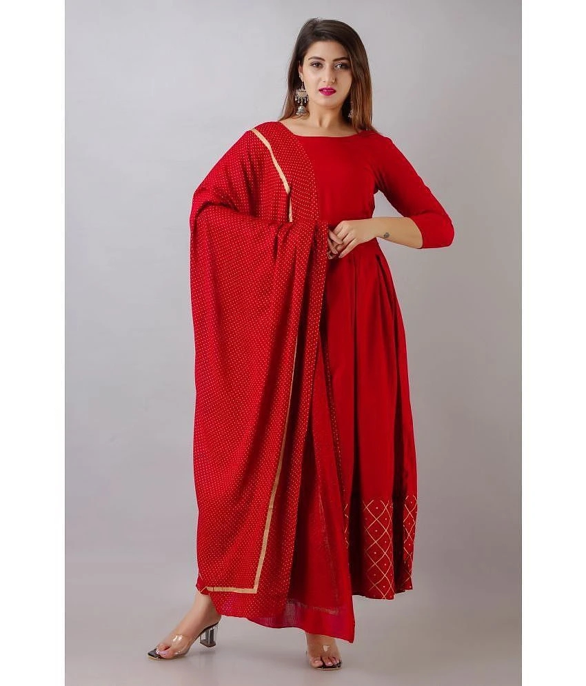 Luxurious Women Smien Rayon Solid Anarkali Womens Kurti with Dupatta - Maroon ( Pack of 1 ) - No