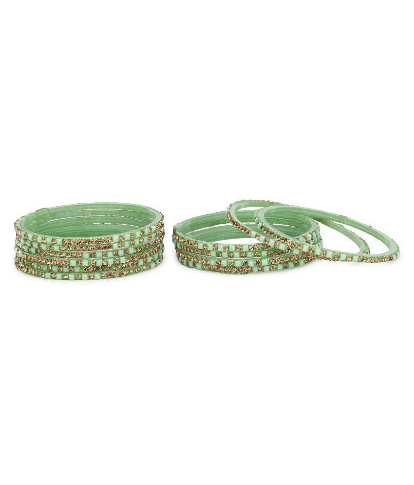 Trendy Men Party Glass Bangle Set Ornamented With Beads For Spaical Look (Pack Of 12 Green Shini