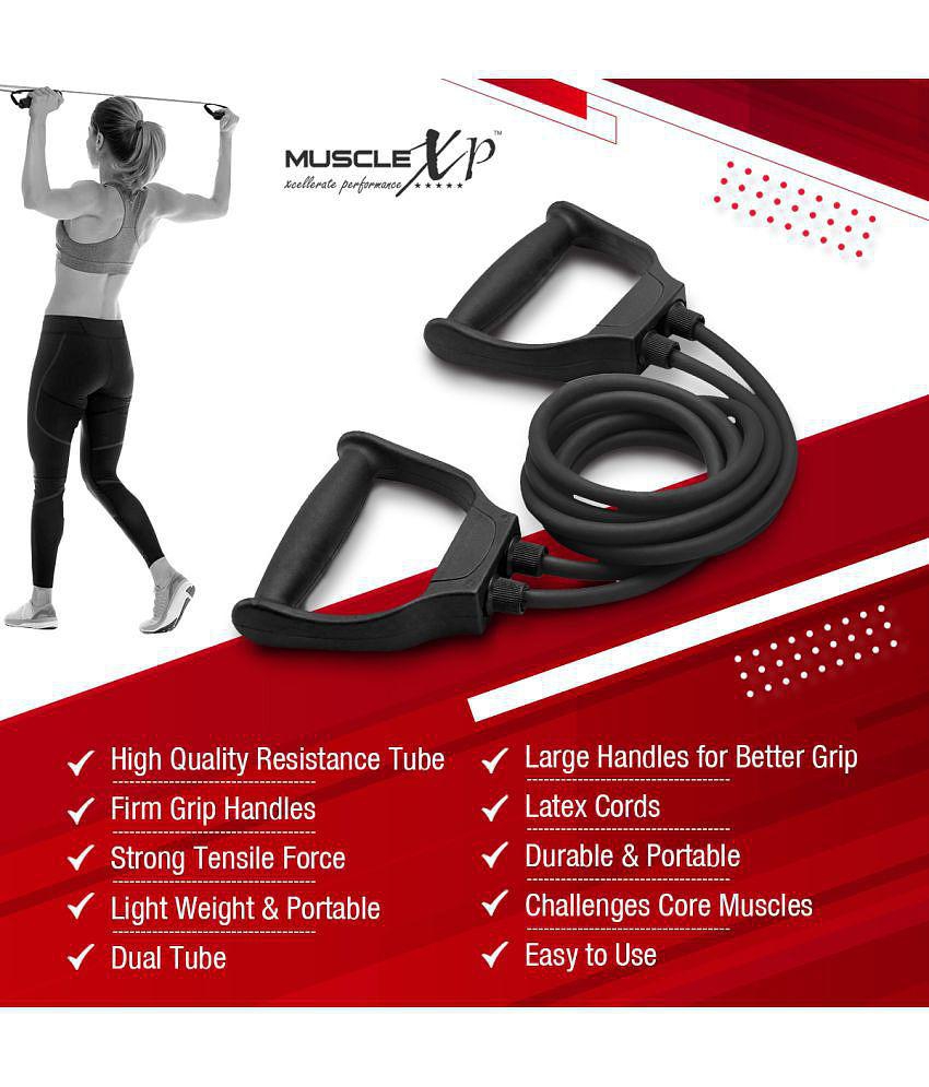 MuscleXP DrFitness+ Double Toning Tube Latex Tube Body Enhancer For Women & Men with Door Anchor, Workout, Home Gym and Toning, For Arms, Legs, Shoulders (Black) - Black