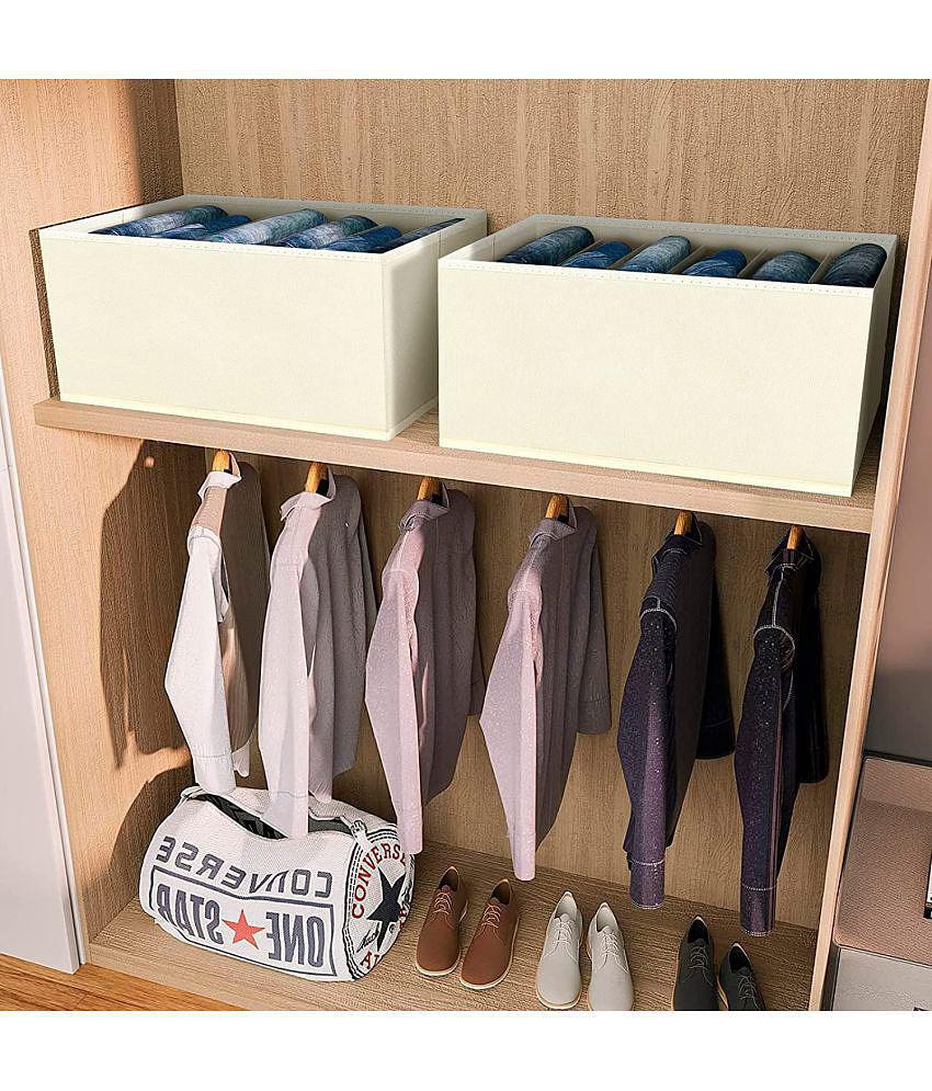 HOMETALES Non-Woven 6 Compartments Foldable Wardrobe Storage Organisers for Shirt, Denims, Pants, T-Shirt,Beige (2U)