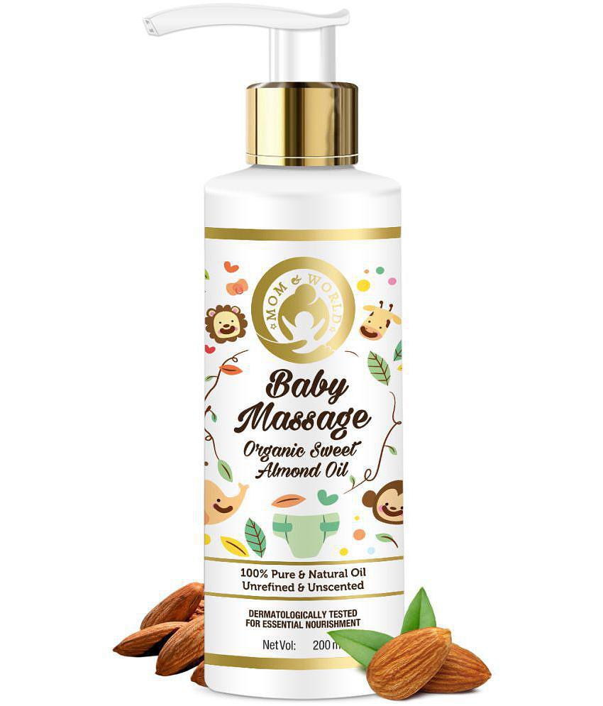 Mom & World Baby Massage Pure Organic Sweet Almond Oil Cold Pressed | Hypoallergenic & Dermatologically Tested with No Mineral Oil, 200 ml