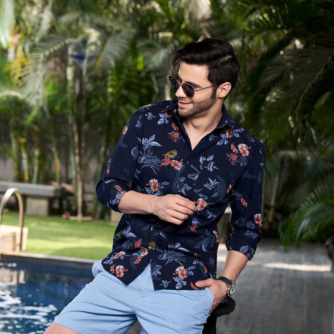 Men Blue Slim Fit Printed Pure Cotton Shirt-S