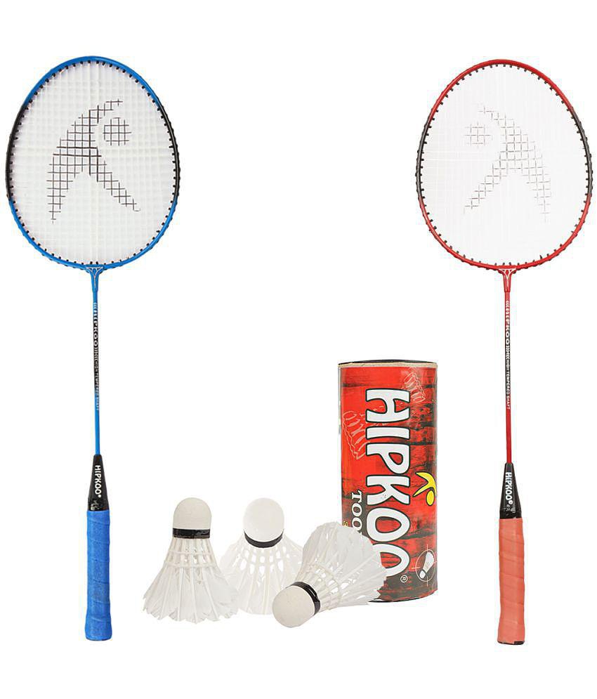 Hipkoo Sports Star Aluminum Badminton Complete Racquets Set | 2 Wide Body Rackets and 3 Feather Shuttlecocks | Ideal for Beginner | Flexible, Lightweight & Sturdy (Blue & Red, Set of 2)