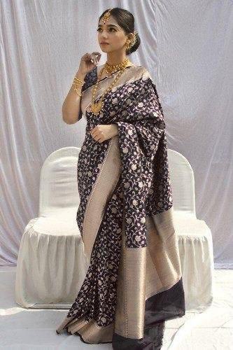 J J ENTERPRISES Womens LICHI SILK Banarasi Saree with Unstitched Blouse Piece (Purple). - Black - Black