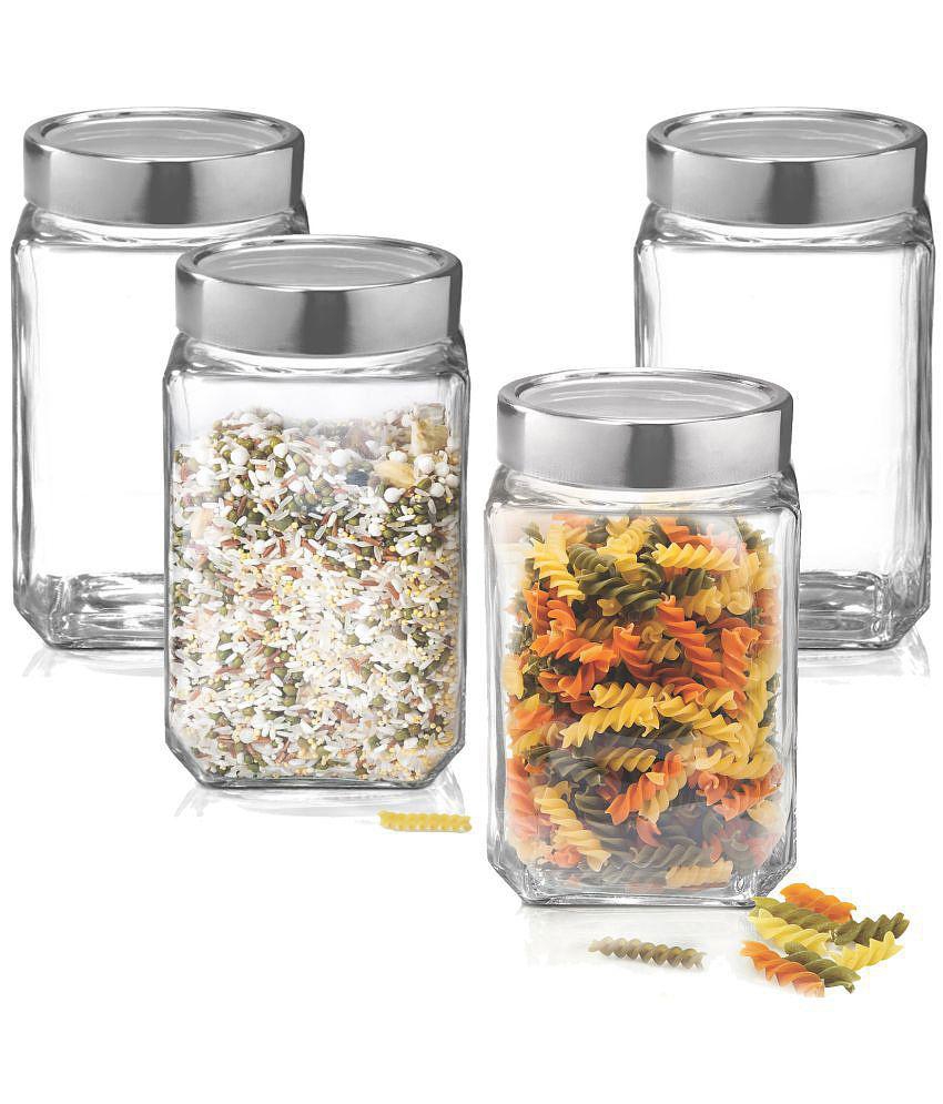 Treo By Milton Cube Storage Glass Jar, Set of 4, 1000 ml Each, Transparent - Transparent