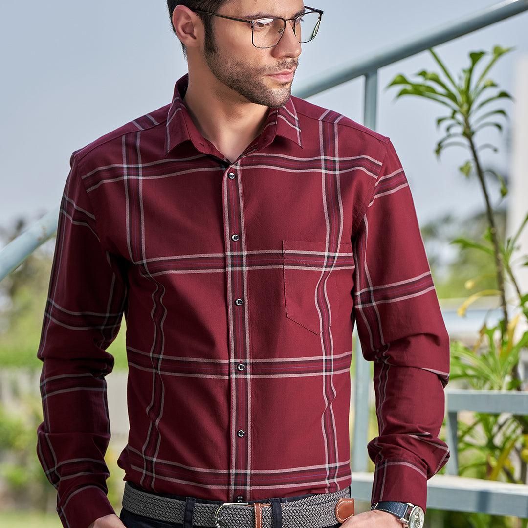 Wine Red Cotton Shirt With Broad Black Check-S