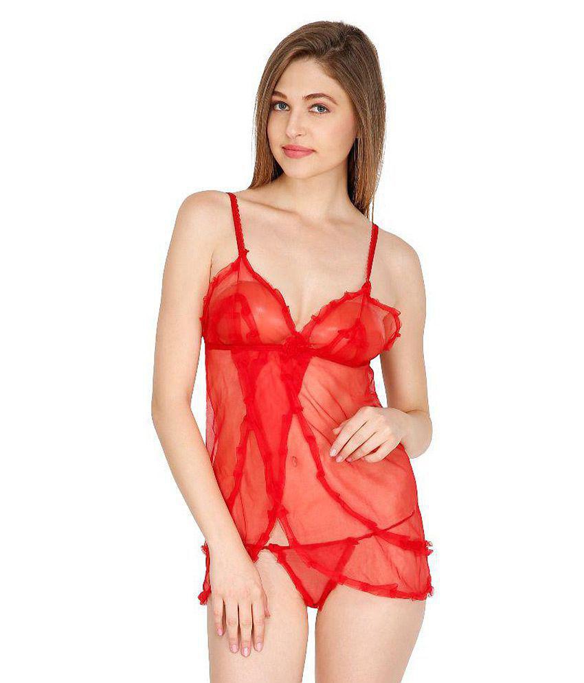 D Naked Red Lycra Baby Doll Dresses With Panty - S-XL