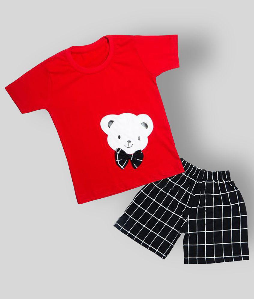 Elegant Men CATCUB - Red Cotton Blend T-Shirt & Shorts For Baby Boy ( Pack of 1 ) - None 2025 at